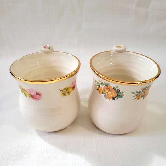 Vintage Handmade Pottery Mugs Gorgeous Rose & Gold Rim Mug set of 2 - Picture 3 of 16